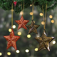 Wood ornaments, 'Christmas Constellation' (set of 4) - Christmas Star-Shaped 4-Piece Red and Blue Wood Ornament Set