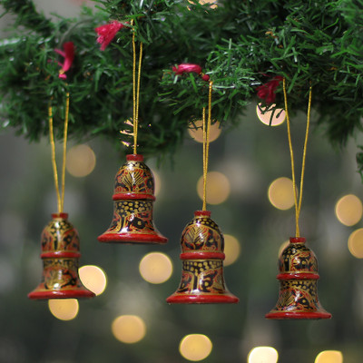 Wood bell ornaments, 'Glorious Jingle' (set of 4) - Artisan-Made 4-Piece Red and Golden Wood Bell Ornament Set