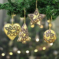 Hand-beaded ornaments, 'Holiday Joy' (set of 4) - Golden-Toned 4-Piece Hand-Beaded Christmas Ornament Set