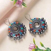 Ceramic statement earrings, 'Festive Vibes' - Bollywood-Style Ceramic Disc Statement Earrings with Beads