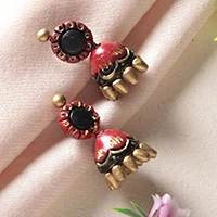 Ceramic statement earrings, 'Jhumki Vibrancy' - Hand-Painted Red and Gold Ceramic Jhumki Statement Earrings