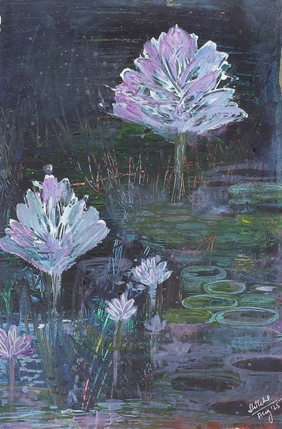 'Blooming Through Darkness' - Signed Floral Impressionist Acrylic on Paper Night Painting