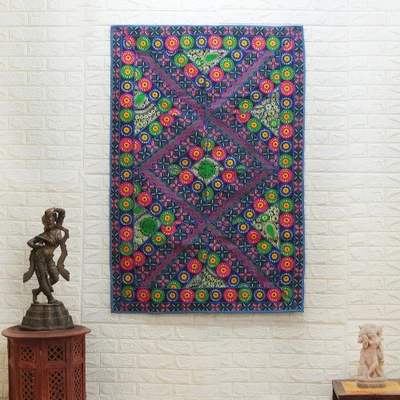 Recycled patchwork wall hanging, 'Geometry of Harmony' - Eco-Friendly Geometric-Patterned Patchwork Wall Hanging