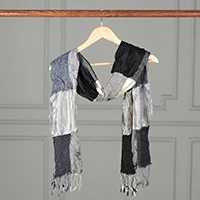 Silk scarf, 'Mystique Grey' - Checkerboard-Themed Ruffled Patchwork Fringed Silk Scarf