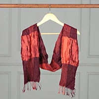 Silk scarf, 'Mystique Russet' - Red Brown Black Checkerboard Ruffled Patchwork Silk Scarf