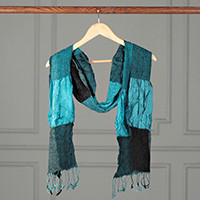 Silk scarf, 'Mystique Teal' - Checkered Ruffled Fringed Woven Silk Scarf in Teal Shades