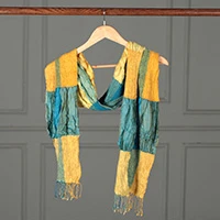 Silk scarf, 'Mystique Yellow' - Yellow Green Blue Checkered Ruffled Patchwork Silk Scarf