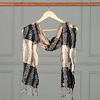 Silk scarf, 'Mystique Appeal' - Fashionable Silk Scarf with Fringes and Textured Ruffles