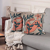 Chain-stitched cotton cushion covers, 'Playful Rabbits' (pair) - 2 Rabbit Nature-Themed Chain-Stitched Cotton Cushion Covers