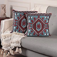 Chain-stitched cotton cushion covers, 'Abstract Fountain' (pair) - Pair of Chain-Stitched Geometric Cotton Cushion Covers