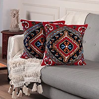 Chain-stitched cotton cushion covers, 'Hypnotic Kites' (pair) - Pair of Cotton Cushion Covers with Chain Stitch Embroidery