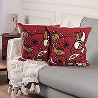 Chain-stitched cotton cushion covers, 'Contemporary Expressions' (pair) - Pair of Abstract Modern Embroidered Cotton Cushion Covers