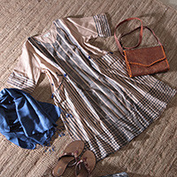 Cotton A-line dress, 'Memories of Ecru' - Classic 100% Cotton A-Line Dress in Ecru and Sapphire Hues