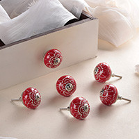 Hand-painted ceramic knobs, 'Bouquet in Red' (set of 6) - Hand-Painted Red 6-Piece Floral Ceramic Knob Set from India