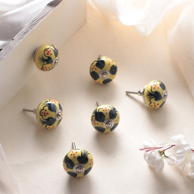 Hand-painted ceramic knobs, 'Sunny Years' (set of 6) - Summer-Inspired Painted 6-Piece Glazed Ceramic Knob Set