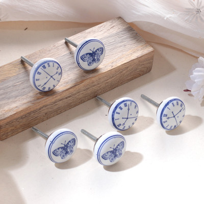 Ceramic knobs, 'Butterfly Hour' (set of 6) - Whimsical Butterfly and Clock 6-Piece White Ceramic Knob Set