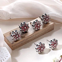 Ceramic knobs, 'Spring Stars' (set of 6) - Floral Red and White 6-Piece Ceramic Knob Set from India