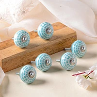 Ceramic knobs, 'Verdant Allure' (set of 6) - Set of 6 Hand-Painted Ceramic Knobs in Green and Ivory