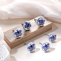 Ceramic knobs, 'Butterfly Eternity' (set of 6) - Butterfly-Themed 6-Piece White and Blue Ceramic Knob Set