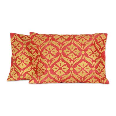Embroidered cushion covers, 'Festive Glam' (pair) - 2 Rectangular Embroidered Floral Red Golden Cushion Covers