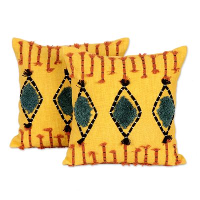 Cotton cushion covers, 'Sunlight Bliss' (pair) - 2 Geometric Cotton Cushion Covers with Tufted Embroidery