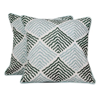 Cotton cushion covers, 'Creative Dreams' (pair) - Wavy-Patterned Blue and Green 100% Cotton Cushion Cover Pair