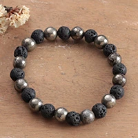 Pyrite beaded stretch bracelet, 'Luck & Earth' - Natural Pyrite and Lava Stone Beaded Unisex Stretch Bracelet