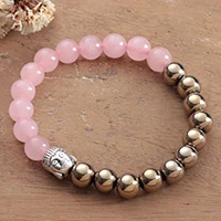 Pyrite and rose quartz beaded stretch bracelet, 'Dual Harmony' - Buddha-Themed Golden Pyrite and Rose Quartz Beaded Bracelet