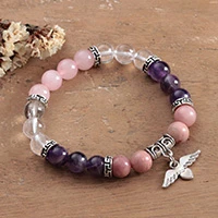 Multi-gemstone beaded pendant bracelet, 'Healing Feelings' - Inspirational Multi-Gemstone Beaded Stretch Pendant Bracelet