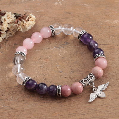 Multi-gemstone beaded pendant bracelet, 'Healing Feelings' - Inspirational Multi-Gemstone Beaded Stretch Pendant Bracelet