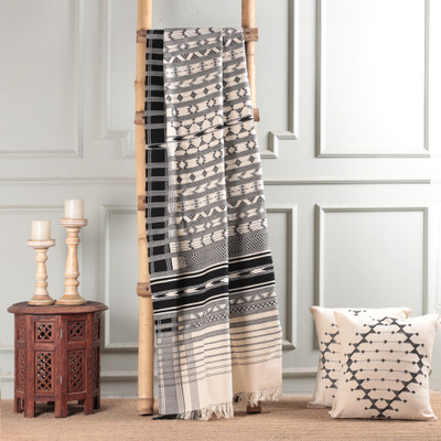Cotton throw, 'Creative Elegance' - Hand-Loomed Geometric Cotton Throw in Black and Ivory