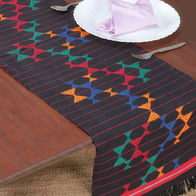 Cotton table runner, 'Magical Constellations' - Handwoven Fringed Cotton Table Runner with Geometric Motifs