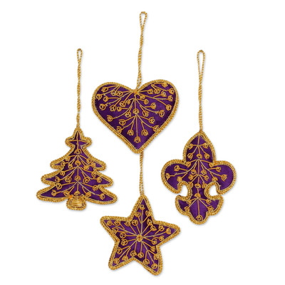 Embroidered ornaments, 'Purple Christmas' (set of 4) - Set of 4 Purple Christmas Ornaments with Zardozi Embroidery