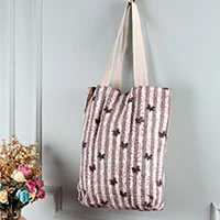 Block-printed cotton tote bag, 'Apple & Alabaster' - Leafy-Pattern Striped Alabaster and Red 100% Cotton Tote Bag
