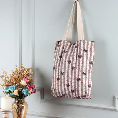 Block-printed cotton tote bag, 'Apple & Alabaster' - Leafy-Pattern Striped Alabaster and Red 100% Cotton Tote Bag