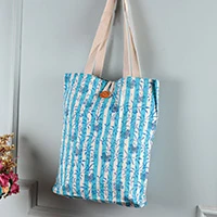Block-printed cotton tote bag, 'Tiffany & Alabaster' - Block-Printed Leafy Alabaster and Tiffany Blue Cotton Tote