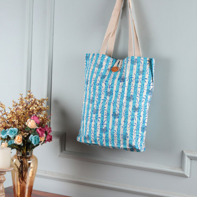 Block-printed cotton tote bag, 'Tiffany & Alabaster' - Block-Printed Leafy Alabaster and Tiffany Blue Cotton Tote