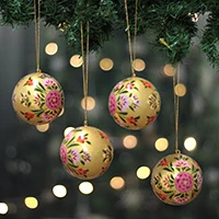 Papier mache ornaments, 'Golden Blossoms' (set of 4) - Floral-Themed Papier Mache Christmas Ornaments (Set of 4)