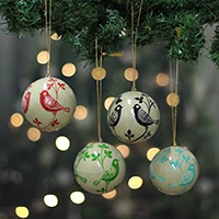 Papier mache ornaments, 'Whimsical Nature' (set of 4) - Set of 4 Bird Nature-Themed Papier Mache Christmas Ornaments