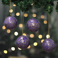 Papier mache ornaments, 'Purple Elegance' (set of 4) - 4 Purple Golden-Hued Papier Mache Floral Christmas Ornaments