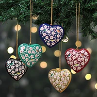 Papier mache ornaments, 'Kashmir Love' (set of 5) - Floral Hand-Painted 5-Piece Papier Mache Heart Ornament Set