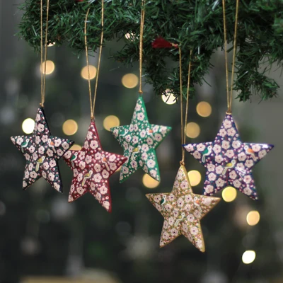 Papier mache ornaments, 'Kashmir Constellation' (set of 5) - Hand-Painted 5-Piece Star-Shaped Papier Mache Ornament Set
