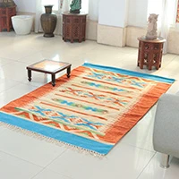 Wool dhurrie rug, 'Geometric Summer' (4x6) - Summer-Inspired Orange and Blue 100% Wool Dhurrie Rug (4x6)