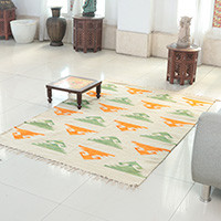 Wool dhurrie rug, 'Woven Crowns' (4x6) - Patterned Handwoven Orange and Green Wool Dhurrie Rug (4x6)