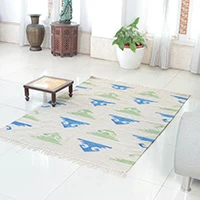 Wool dhurrie rug, 'Winter Crowns' (4x6) - Fringed Blue and Green Wool Dhurrie Rug Woven in India (4x6)
