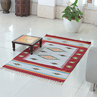 Wool dhurrie rug, 'Crimson Abode' (3x5) - Crimson and Sky Blue 100% Wool Dhurrie Rug from India (3x5)
