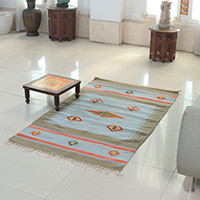 Wool dhurrie rug, 'Kiwi Home' (3x5) - Kiwi and Sky Blue 100% Wool Dhurrie Rug Woven by Hand (3x5)
