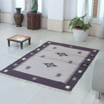 Wool dhurrie rug, 'Midnight Constellation' (4x6) - Star-Patterned Midnight and Cordovan Wool Dhurrie Rug (4x6)