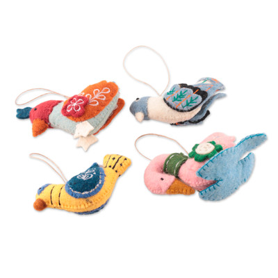 Wool felt ornaments, 'Whimsical Birds' (set of 4) - Bird-Themed 4-Piece Embroidered 100% Wool Felt Ornament Set