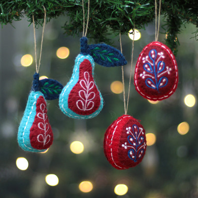 Wool felt ornaments, 'Nature Glory' (set of 4) - Fruit-Themed Embroidered 4-Piece 100% Wool Felt Ornament Set